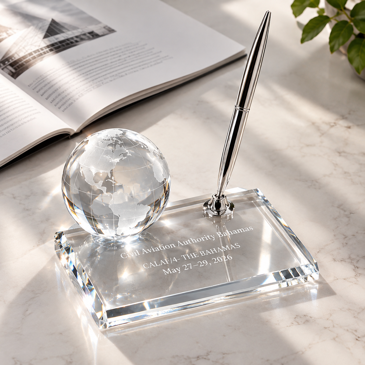 Executive Crystal Globe & Pen Set - Corporate Award